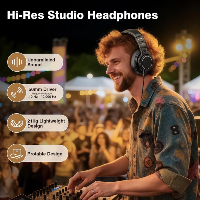 New Bee Wired Over Ear Headphones, Studio Headphones with 50mm Drivers and 6.35mm & 3.5mm Jack DJ Headphones for Studio Monitor & Mixing DJ Guitar AMP Podcast Piano Keyboard - Image 2